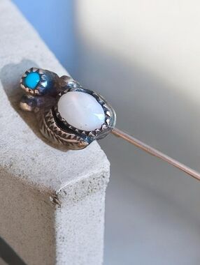 Antique Sterling Silver Navajo Turquoise And Mother Of Pearl Stick Pin